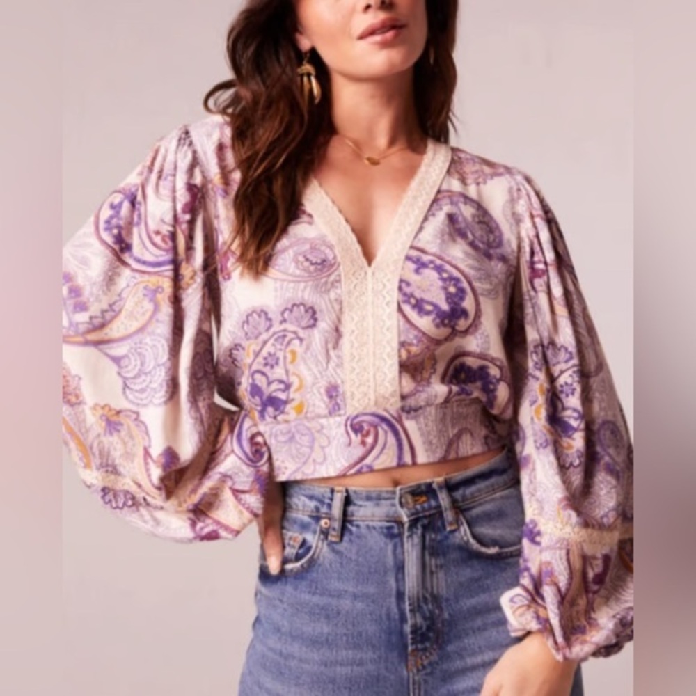 BOG Band of the Free XS Boho Paisley Floral Lace Balloon Sleeve Crop Top NWT $79